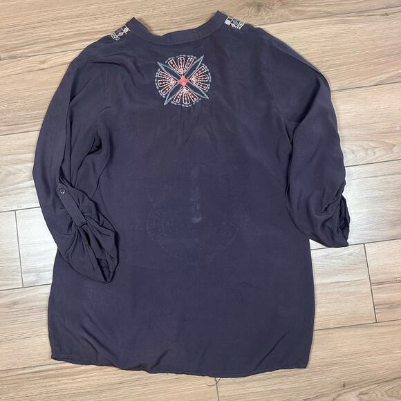 Solitaire‎ Tunic Long Roll Tab Sleeve Embroidery Trim Size Large Johnny Was Boho - Picture 7 of 8